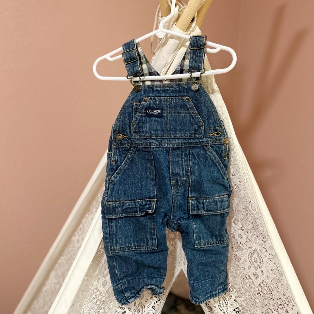 Vintage Oshkosh B’Gosh denim overalls flannel detailing 3-6 months